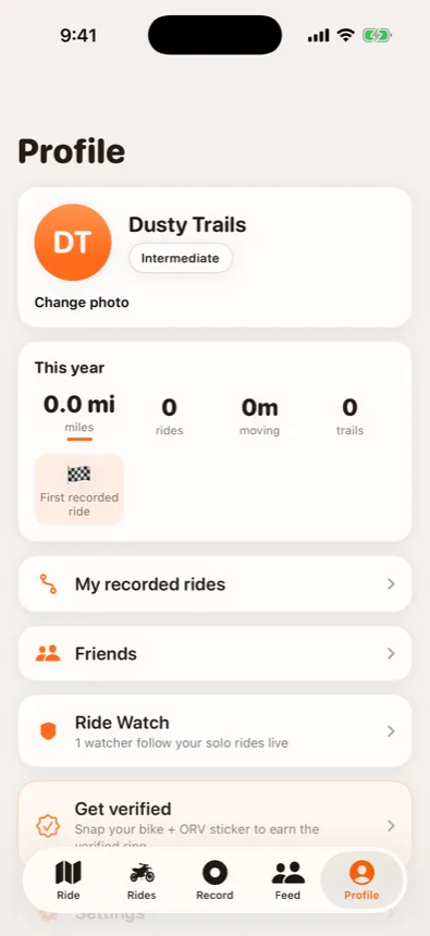 Rider profile with yearly mileage, badges and recorded rides